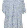 White and blue floral-embroidered semi-sheer cotton lawn half-sleeve swing-style top with button-loop high neck and scalloped edges