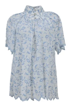 White and blue floral-embroidered semi-sheer cotton lawn half-sleeve swing-style top with button-loop high neck and scalloped edges