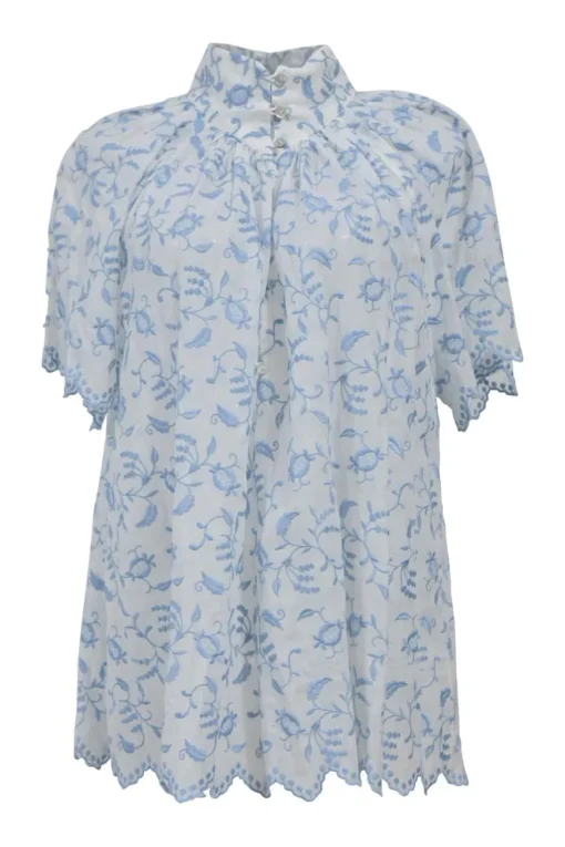 White and blue floral-embroidered semi-sheer cotton lawn half-sleeve swing-style top with button-loop high neck and scalloped edges