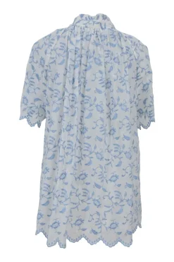 White and blue floral-embroidered semi-sheer cotton lawn half-sleeve swing-style top with button-loop high neck and scalloped edges