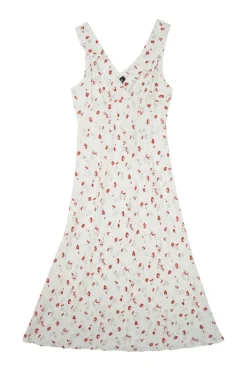 White and cherry red silk floral print wrap-effect Liv slip dress with fixed straps