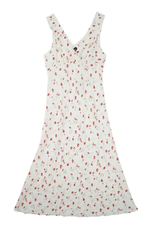 White and cherry red silk floral print wrap-effect Liv slip dress with fixed straps