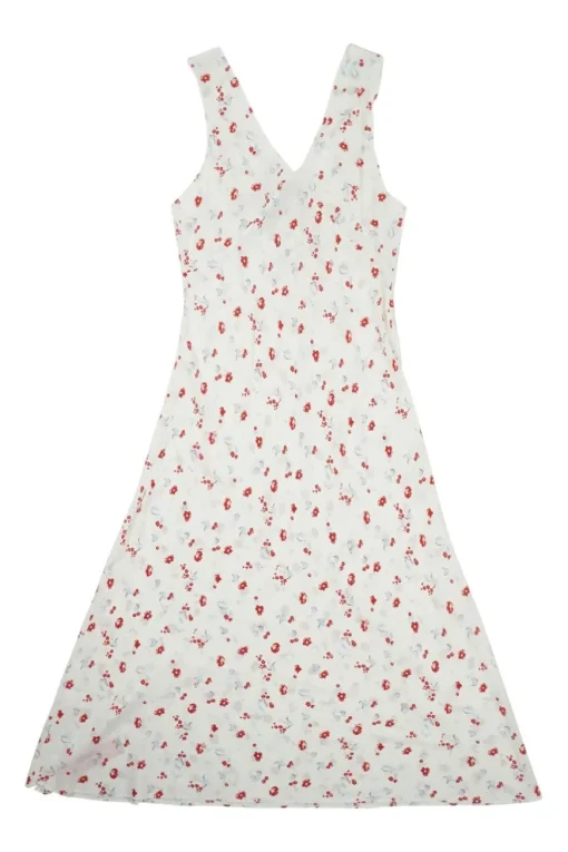 White and cherry red silk floral print wrap-effect Liv slip dress with fixed straps