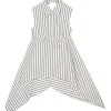 White and dark navy bias-cut striped cotton poplin classic collar sleeveless handkerchief blouse