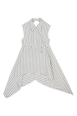 White and dark navy bias-cut striped cotton poplin classic collar sleeveless handkerchief blouse