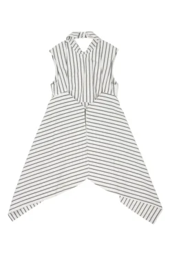 White and dark navy bias-cut striped cotton poplin classic collar sleeveless handkerchief blouse