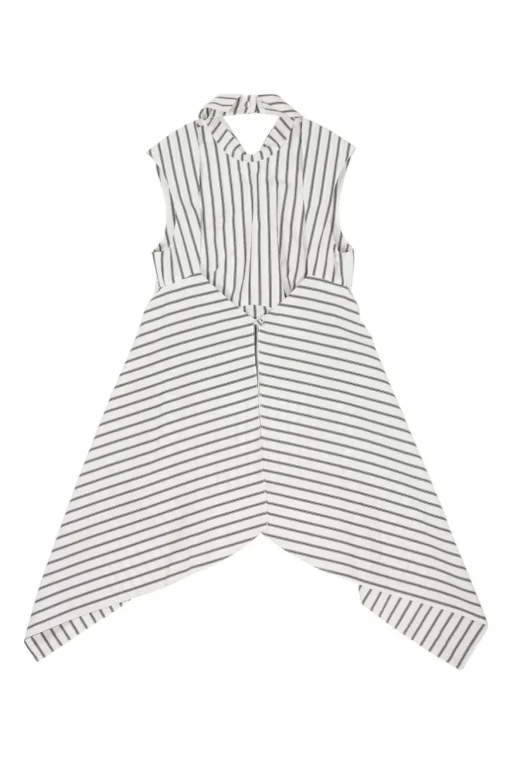White and dark navy bias-cut striped cotton poplin classic collar sleeveless handkerchief blouse