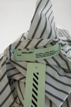 White and dark navy bias-cut striped cotton poplin classic collar sleeveless handkerchief blouse