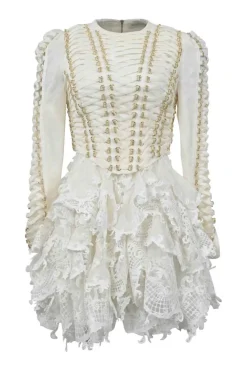 White and gold linen-silk blend Coaster corset laced mini dress with tiered scalloped crochet skirt
