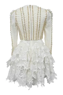 White and gold linen-silk blend Coaster corset laced mini dress with tiered scalloped crochet skirt