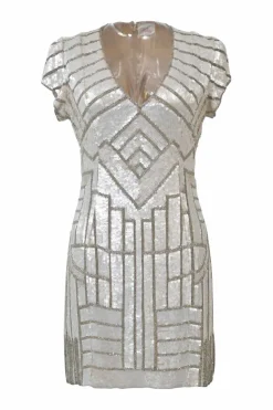 White and gold silk beaded and sequined throughout Serena v-neck short sleeve cocktail mini dress with centre back zipper closure
