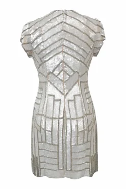 White and gold silk beaded and sequined throughout Serena v-neck short sleeve cocktail mini dress with centre back zipper closure