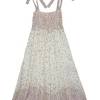 White and lilac linen degradé ditsy floral print A-line sun dress with adjustable ribbon tie straps