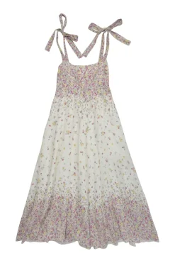 White and lilac linen degradé ditsy floral print A-line sun dress with adjustable ribbon tie straps