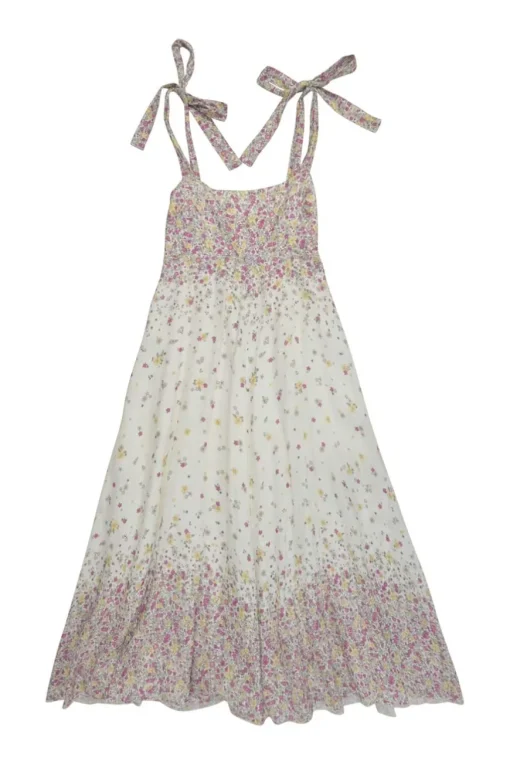 White and lilac linen degradé ditsy floral print A-line sun dress with adjustable ribbon tie straps