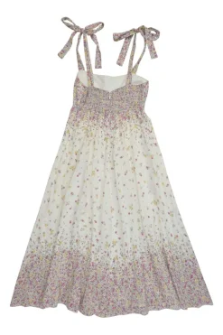 White and lilac linen degradé ditsy floral print A-line sun dress with adjustable ribbon tie straps