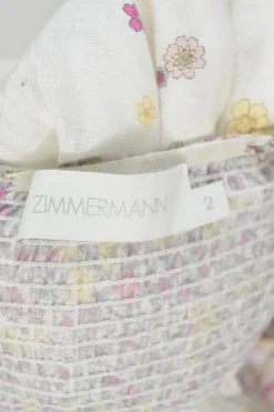 White and lilac linen degradé ditsy floral print A-line sun dress with adjustable ribbon tie straps