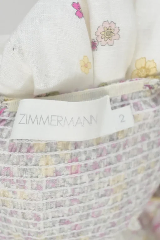 White and lilac linen degradé ditsy floral print A-line sun dress with adjustable ribbon tie straps
