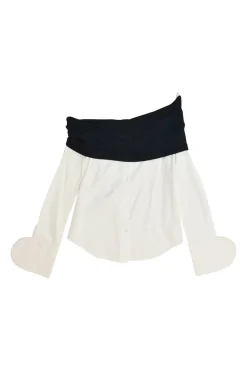 White and navy cotton bi-layer effect off-shoulder swing-style shirt