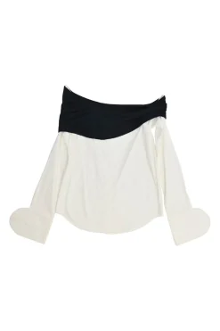White and navy cotton bi-layer effect off-shoulder swing-style shirt