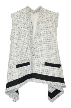 White and navy polyester-wool blend bouclé tweed oversized sleeveless swing-style handkerchief top