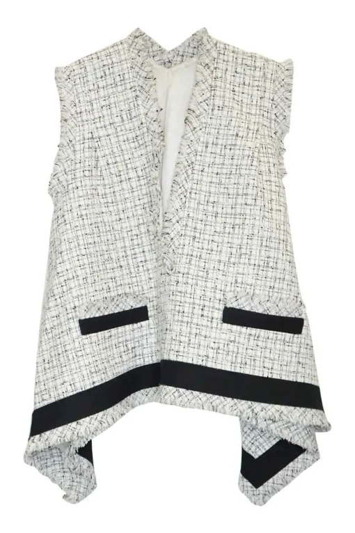 White and navy polyester-wool blend bouclé tweed oversized sleeveless swing-style handkerchief top