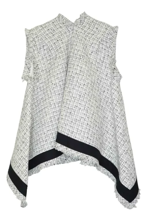 White and navy polyester-wool blend bouclé tweed oversized sleeveless swing-style handkerchief top