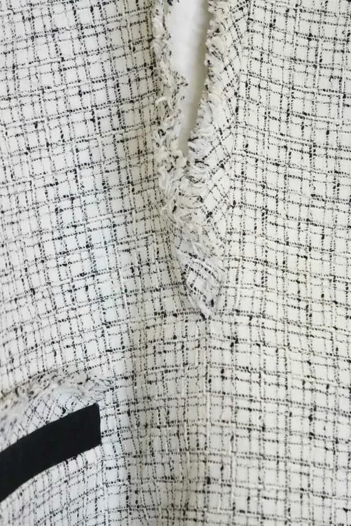 White and navy polyester-wool blend bouclé tweed oversized sleeveless swing-style handkerchief top
