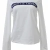 White and navy screen-printed cotton jersey knit 'Gabrielle Chanel' long sleeve pullover graphic top