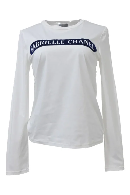White and navy screen-printed cotton jersey knit 'Gabrielle Chanel' long sleeve pullover graphic top