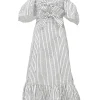 White and navy striped polyester seersucker cold-shoulder stacked tie-front keyhole midi dress