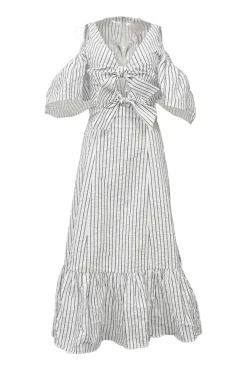 White and navy striped polyester seersucker cold-shoulder stacked tie-front keyhole midi dress