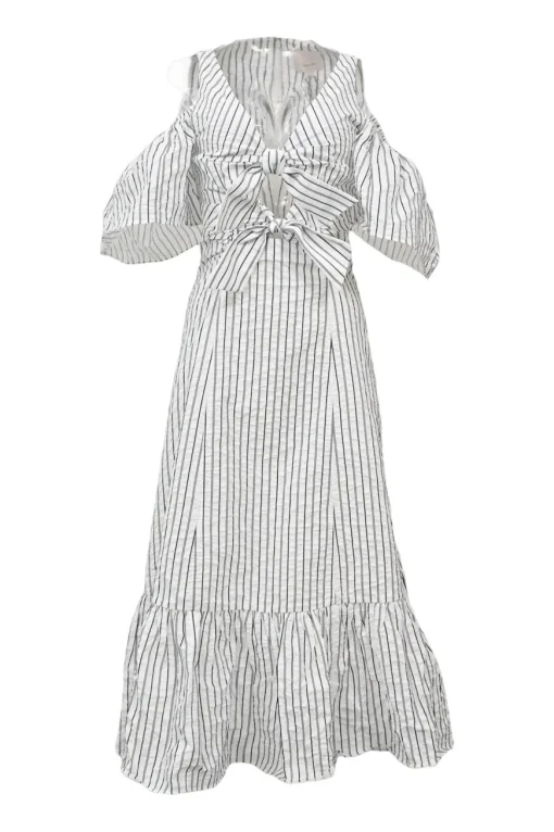 White and navy striped polyester seersucker cold-shoulder stacked tie-front keyhole midi dress
