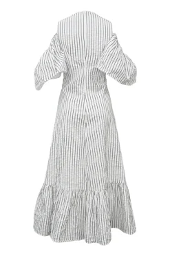 White and navy striped polyester seersucker cold-shoulder stacked tie-front keyhole midi dress