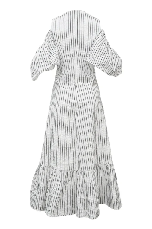 White and navy striped polyester seersucker cold-shoulder stacked tie-front keyhole midi dress