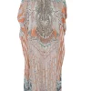 White and orange embellished silk abstract print lace-up draped kaftan