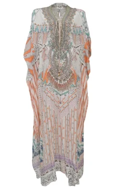 White and orange embellished silk abstract print lace-up draped kaftan