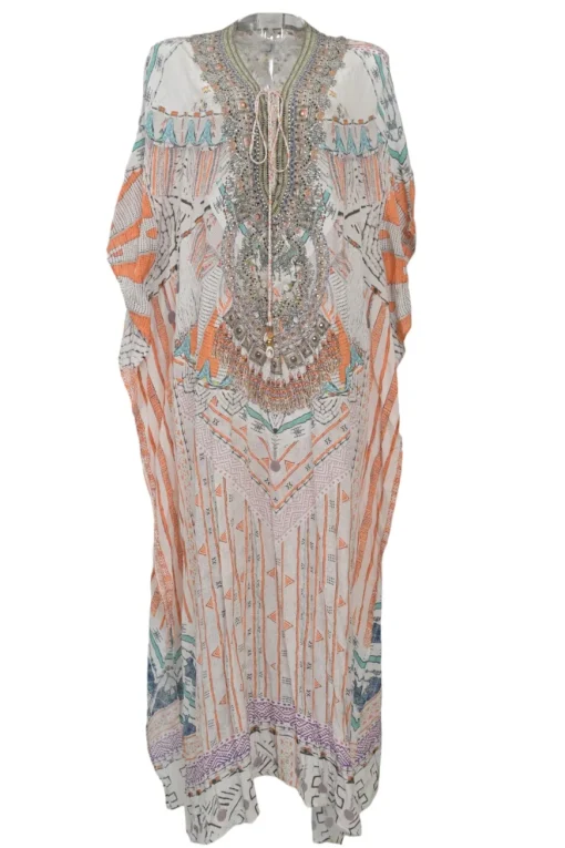 White and orange embellished silk abstract print lace-up draped kaftan