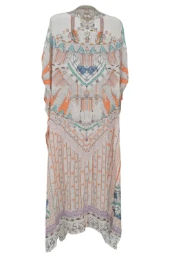 White and orange embellished silk abstract print lace-up draped kaftan