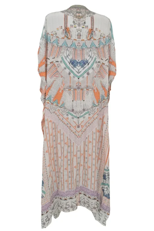 White and orange embellished silk abstract print lace-up draped kaftan