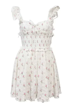 White and pink shirred cotton floral print tie-front bustier skater dress with cutout back and tonal frill trim appliqué