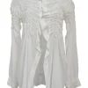 White asymmetric ruched spread collar button-front shirt