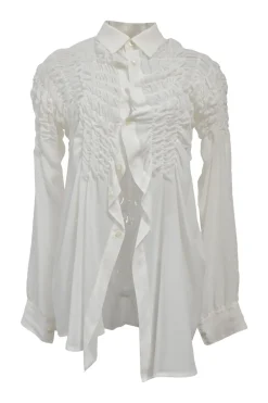 White asymmetric ruched spread collar button-front shirt