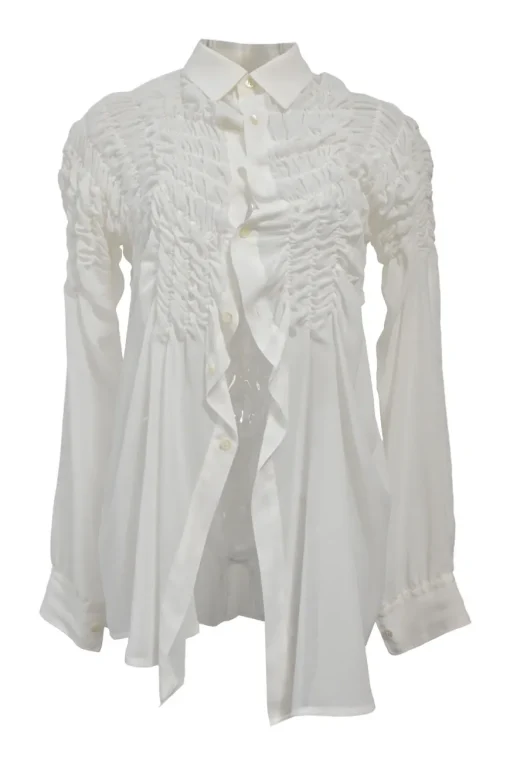 White asymmetric ruched spread collar button-front shirt