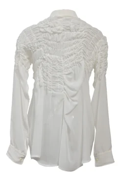 White asymmetric ruched spread collar button-front shirt
