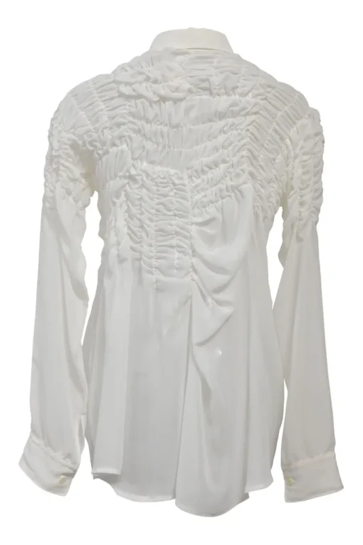 White asymmetric ruched spread collar button-front shirt