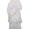 White asymmetric tiered polyester cold shoulder flutter sleeve choker halter midi dress