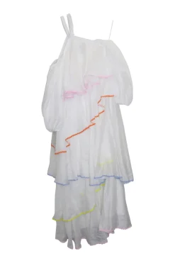 White asymmetric tiered polyester cold shoulder flutter sleeve choker halter midi dress