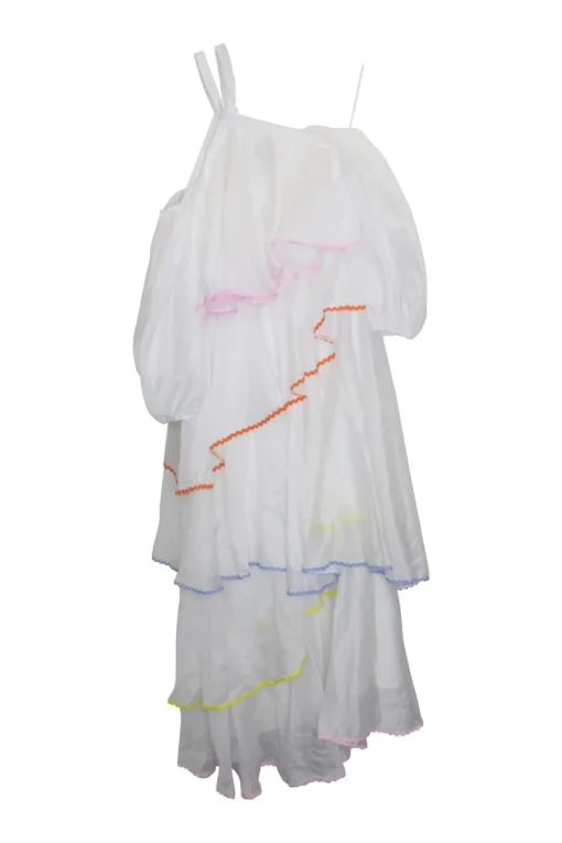 White asymmetric tiered polyester cold shoulder flutter sleeve choker halter midi dress