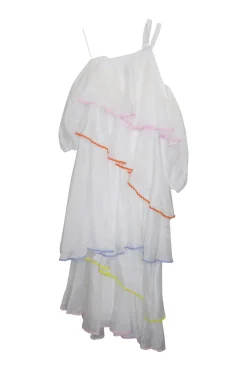 White asymmetric tiered polyester cold shoulder flutter sleeve choker halter midi dress